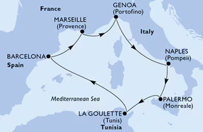 Itinerario crociera MSC Euribia da Napoli 2026 2027 – Palermo, La Goulette, Barcellona, Marsiglia, Genova
