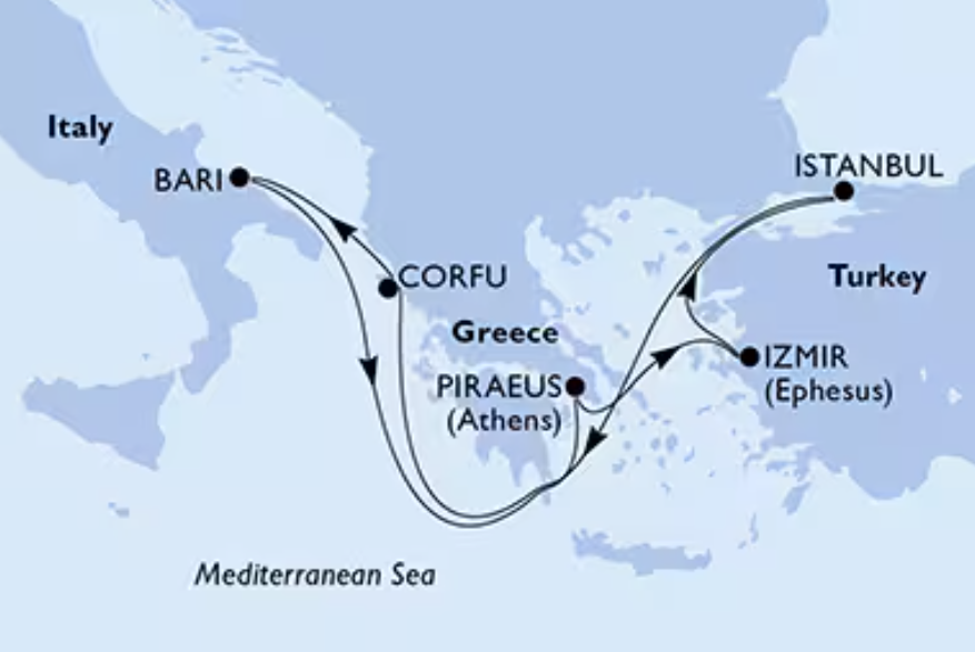 Itinerario crociera MSC Orchestra da Bari 2026 2027 – Bari, Pireo Atene, Izmir, Istanbul, Corfù