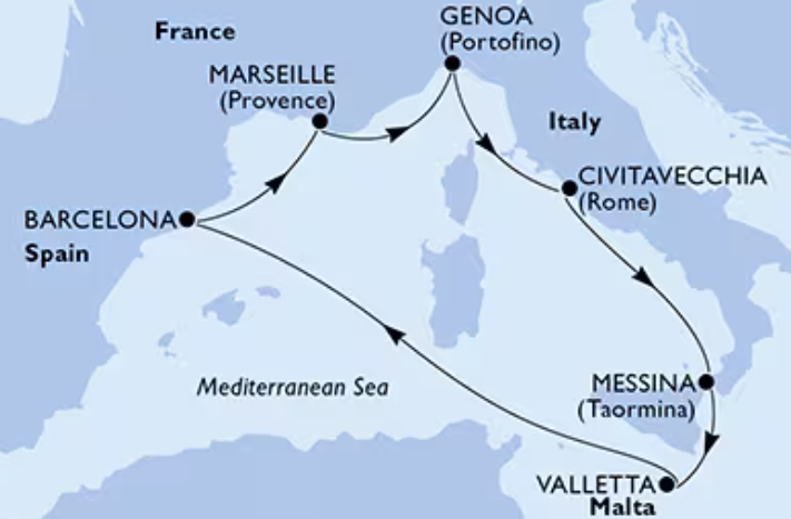Itinerario crociera MSC World Asia da Civitavecchia 2026 2027 – Messina, La Valletta Malta, Barcellona, Marsiglia, Genova