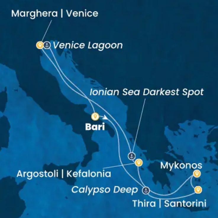 Itinerario crociera Costa Deliziosa da Bari 16 maggio 2027 – Santorini, Mykonos, Cefalonia, Venezia