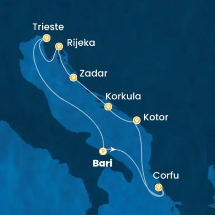 Itinerario crociera Costa Deliziosa da Bari 26 settembre 2027: Corfù, Kotor, Korcula, Zara, Fiume, Trieste