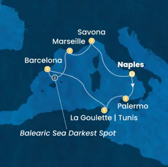 Itinerario crociera Costa Pacifica da Napoli – Palermo, Tunisi, Barcellona, Marsiglia, Savona