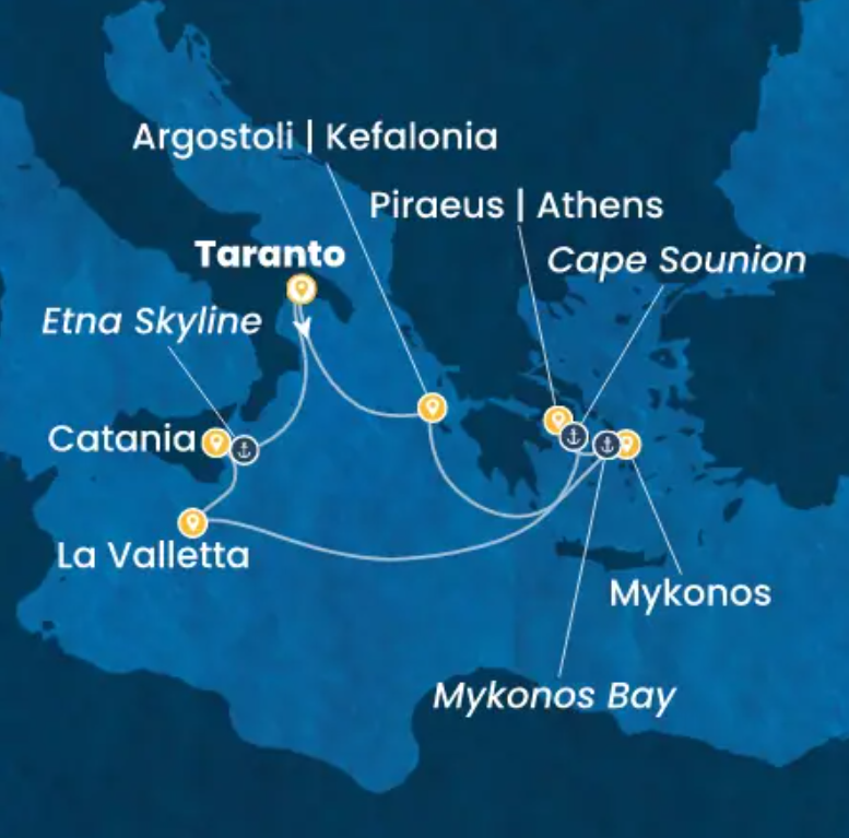 Itinerario crociera Costa Serena da Taranto – Cefalonia, Mykonos, Atene, Malta, Catania