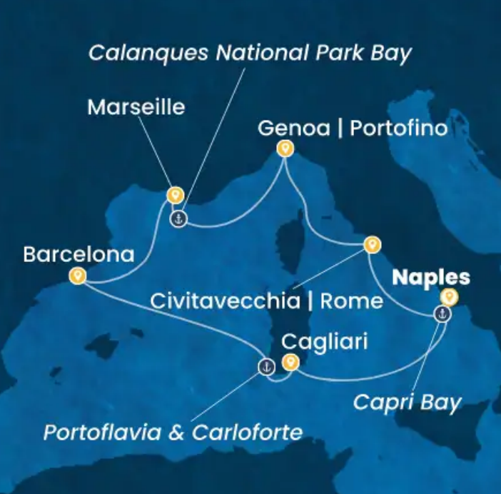 Itinerario crociera Costa Smeralda da Napoli 18 agosto 2027 – Civitavecchia, Genova, Marsiglia, Barcellona, Cagliari