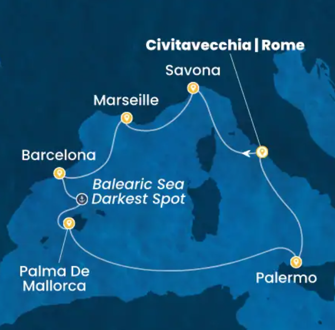 Itinerario crociera Costa Toscana da Civitavecchia – Savona, Marsiglia, Barcellona, Palma, Palermo