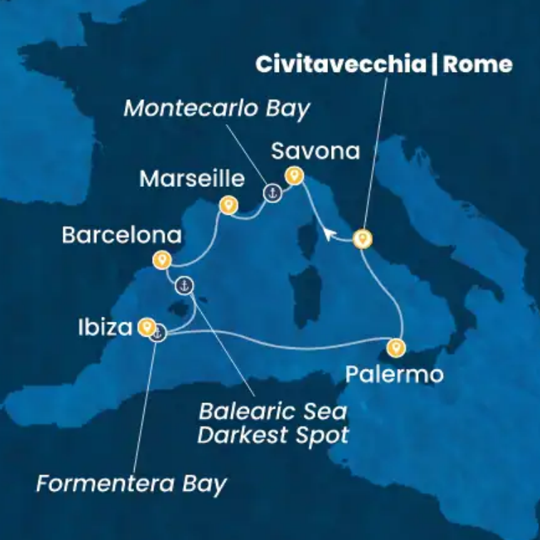 Itinerario crociera Costa Toscana da Civitavecchia 27 agosto 2027 – Savona, Marsiglia, Barcellona, Ibiza, Palermo